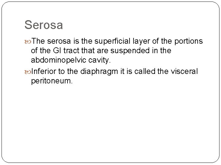 Serosa The serosa is the superficial layer of the portions of the GI tract