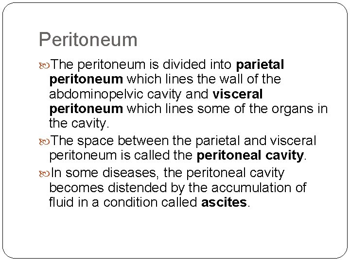 Peritoneum The peritoneum is divided into parietal peritoneum which lines the wall of the