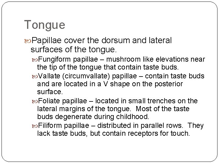 Tongue Papillae cover the dorsum and lateral surfaces of the tongue. Fungiform papillae –