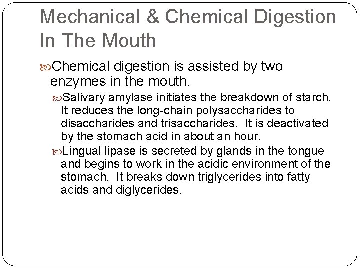 Mechanical & Chemical Digestion In The Mouth Chemical digestion is assisted by two enzymes