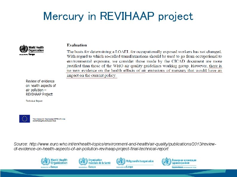 Mercury in REVIHAAP project Source: http: //www. euro. who. int/en/health-topics/environment-and-health/air-quality/publications/2013/reviewof-evidence-on-health-aspects-of-air-pollution-revihaap-project-final-technical-report 
