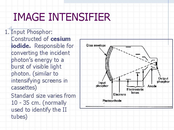 IMAGE INTENSIFIER 1. Input Phosphor: Constructed of cesium iodide. Responsible for converting the incident