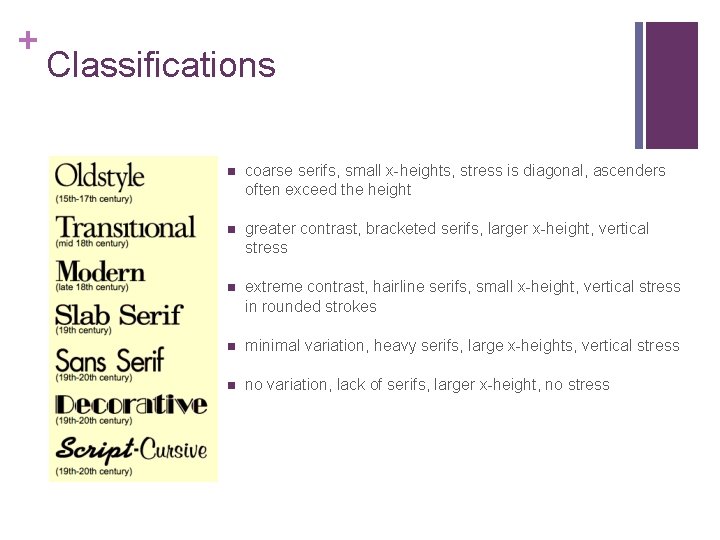 + Classifications n coarse serifs, small x-heights, stress is diagonal, ascenders often exceed the