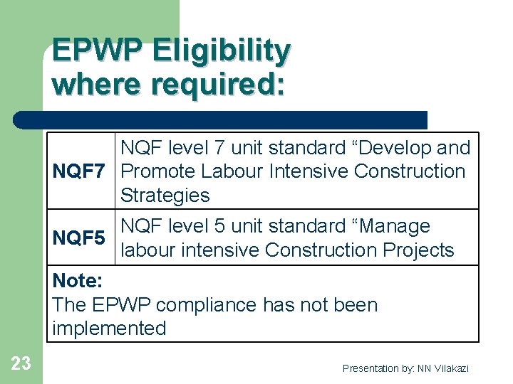 EPWP Eligibility where required: NQF level 7 unit standard “Develop and NQF 7 Promote