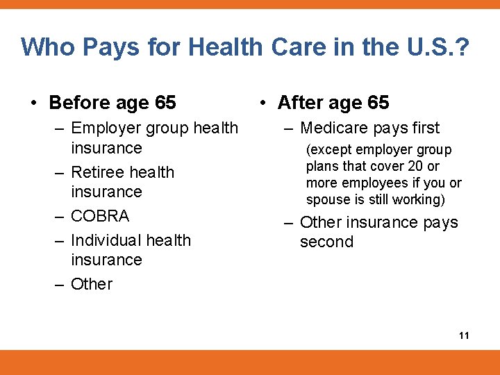 Who Pays for Health Care in the U. S. ? • Before age 65