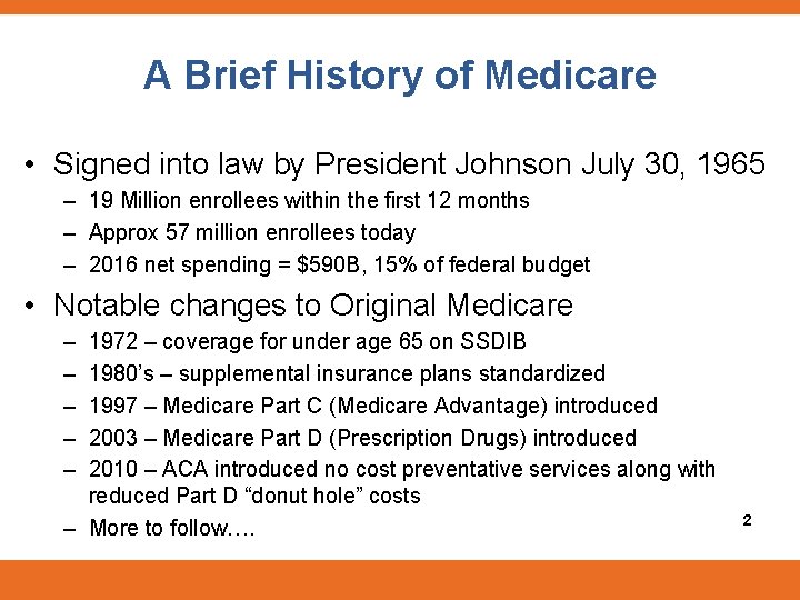 A Brief History of Medicare • Signed into law by President Johnson July 30,