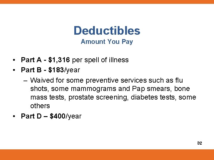 Deductibles Amount You Pay • Part A - $1, 316 per spell of illness