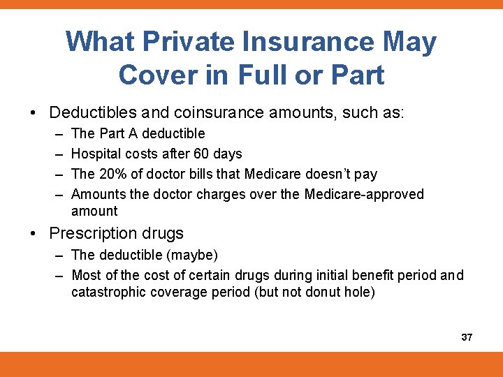What Private Insurance May Cover in Full or Part • Deductibles and coinsurance amounts,