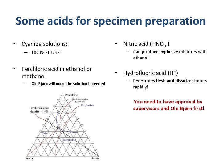Some acids for specimen preparation • Cyanide solutions: – DO NOT USE • Perchloric