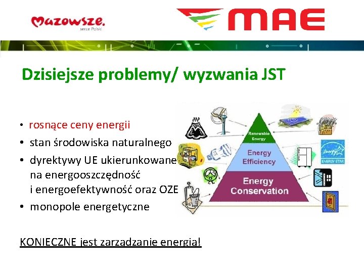 Dzisiejsze problemy/ wyzwania JST • rosnące ceny energii • stan środowiska naturalnego • dyrektywy