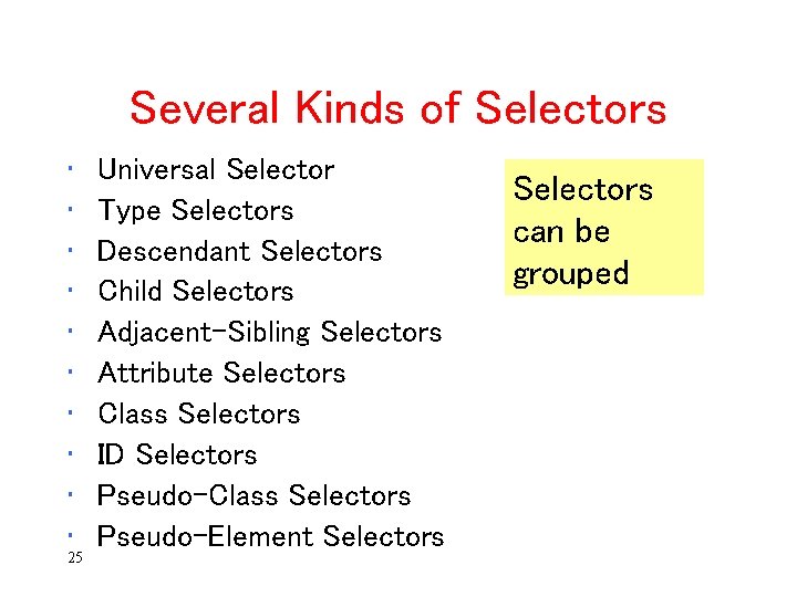 Several Kinds of Selectors • • • 25 Universal Selector Type Selectors Descendant Selectors