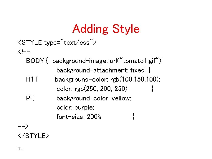 Adding Style <STYLE type="text/css"> <!-BODY { background-image: url("tomato 1. gif"); background-attachment: fixed } H