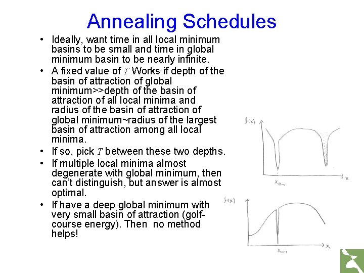 Annealing Schedules • Ideally, want time in all local minimum basins to be small