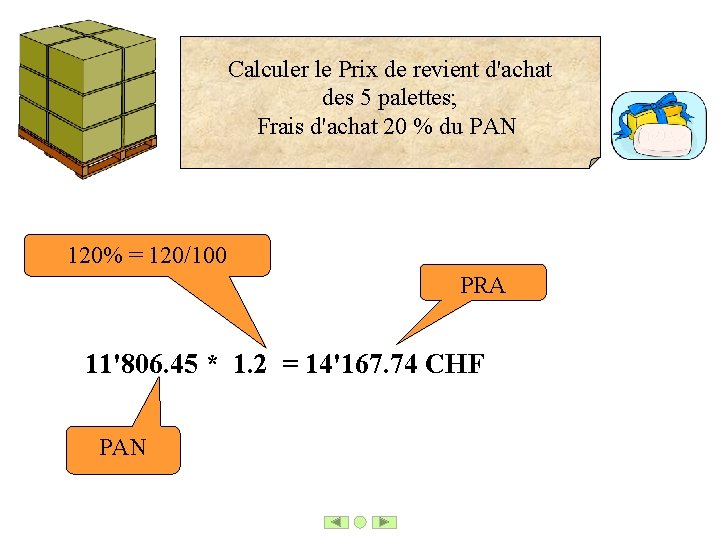 Calculer le Prix de revient d'achat des 5 palettes; Frais d'achat 20 % du