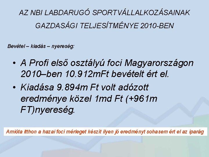 AZ NBI LABDARUGÓ SPORTVÁLLALKOZÁSAINAK GAZDASÁGI TELJESÍTMÉNYE 2010 -BEN Bevétel – kiadás – nyereség: •