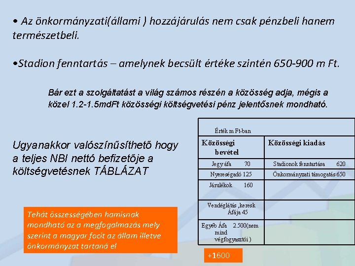  • Az önkormányzati(állami ) hozzájárulás nem csak pénzbeli hanem természetbeli. • Stadion fenntartás
