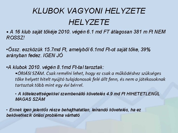 KLUBOK VAGYONI HELYZETE • A 16 klub saját tőkéje 2010. végén 6. 1 md