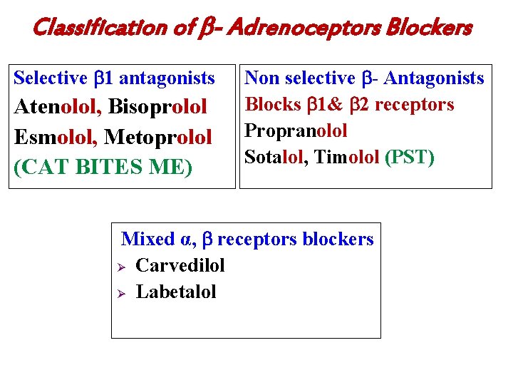 Classification of - Adrenoceptors Blockers Selective 1 antagonists Atenolol, Bisoprolol Esmolol, Metoprolol (CAT BITES