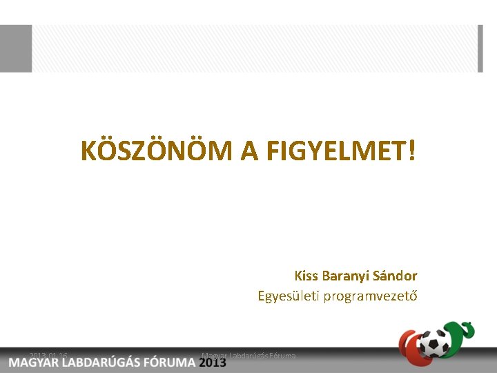 KÖSZÖNÖM A FIGYELMET! Kiss Baranyi Sándor Egyesületi programvezető 2013. 01. 16. Magyar Labdarúgás Fóruma
