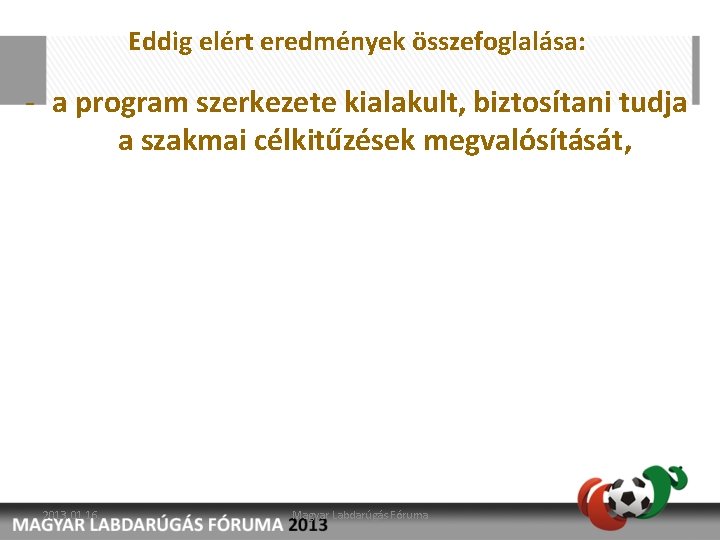 Eddig elért eredmények összefoglalása: - a program szerkezete kialakult, biztosítani tudja a szakmai célkitűzések