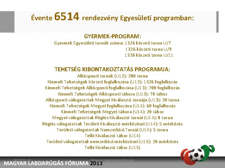 Évente 6514 rendezvény Egyesületi programban: GYERMEK-PROGRAM: Gyermek Egyesületi tornák száma: 1326 körzeti torna U/7