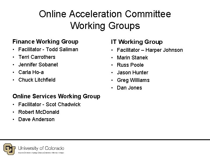 Online Acceleration Committee Working Groups Finance Working Group IT Working Group • • •