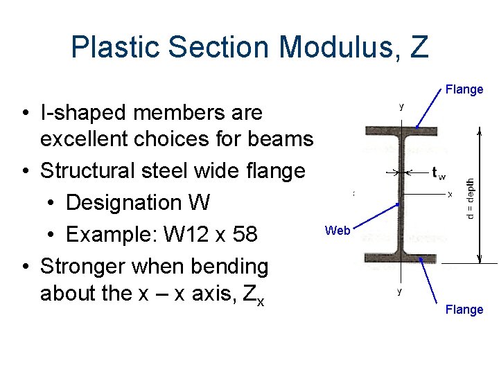 Plastic Section Modulus, Z Flange • I-shaped members are excellent choices for beams •