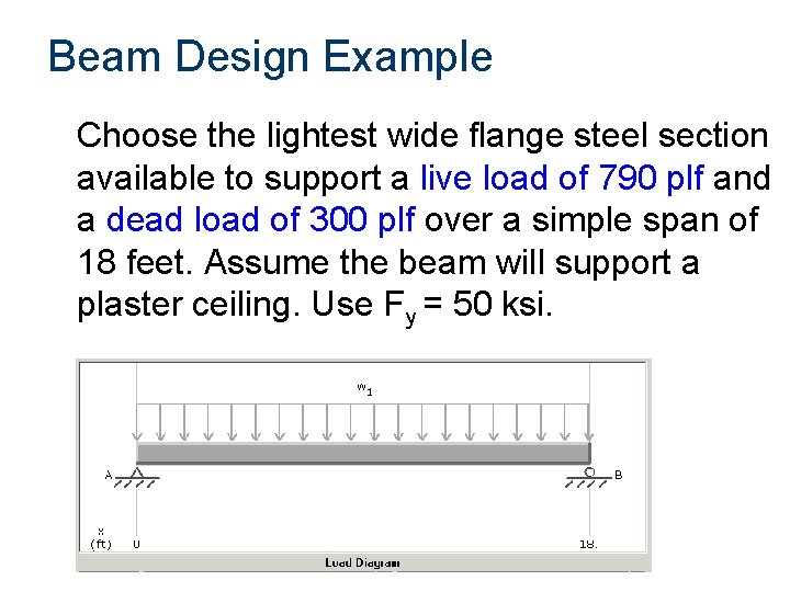 Beam Design Example Choose the lightest wide flange steel section available to support a