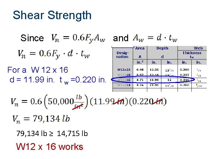  Shear Strength Since and For a W 12 x 16 d = 11.