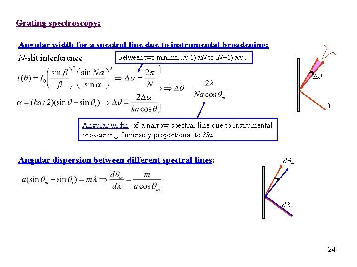 Grating spectroscopy: Angular width for a spectral line due to instrumental broadening: N-slit interference