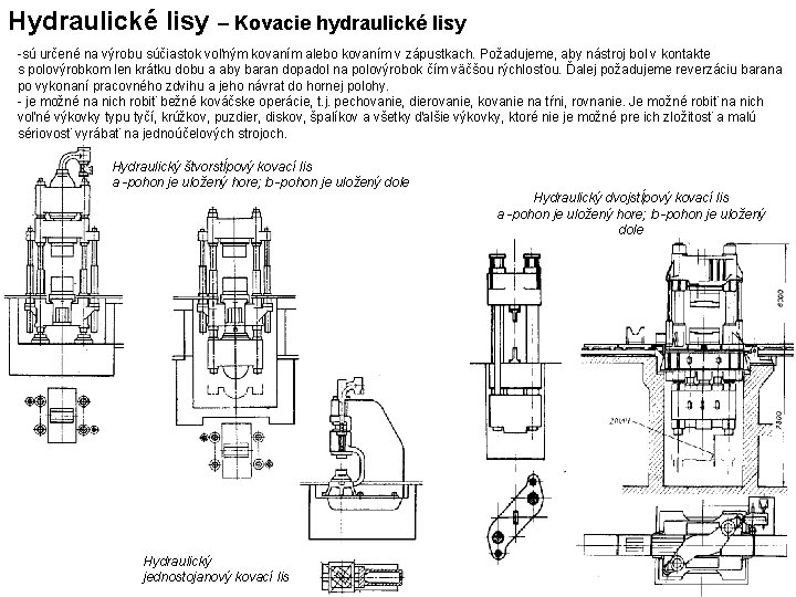 Hydraulické lisy – Kovacie hydraulické lisy -sú určené na výrobu súčiastok voľným kovaním alebo