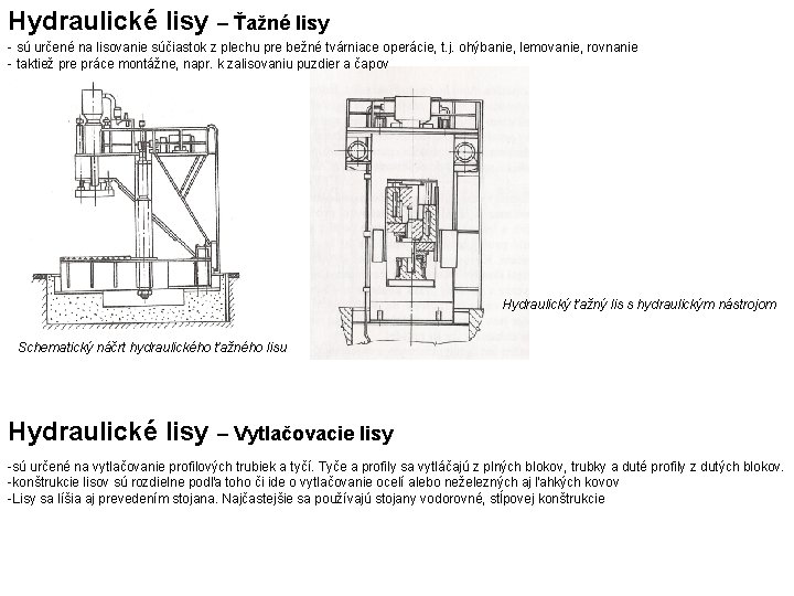 Hydraulické lisy – Ťažné lisy - sú určené na lisovanie súčiastok z plechu pre