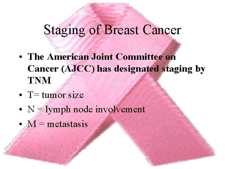 Staging of Breast Cancer • The American Joint Committee on Cancer (AJCC) has designated