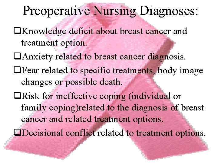Preoperative Nursing Diagnoses: q. Knowledge deficit about breast cancer and treatment option. q. Anxiety