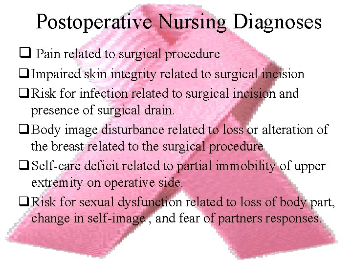 Postoperative Nursing Diagnoses q Pain related to surgical procedure q Impaired skin integrity related