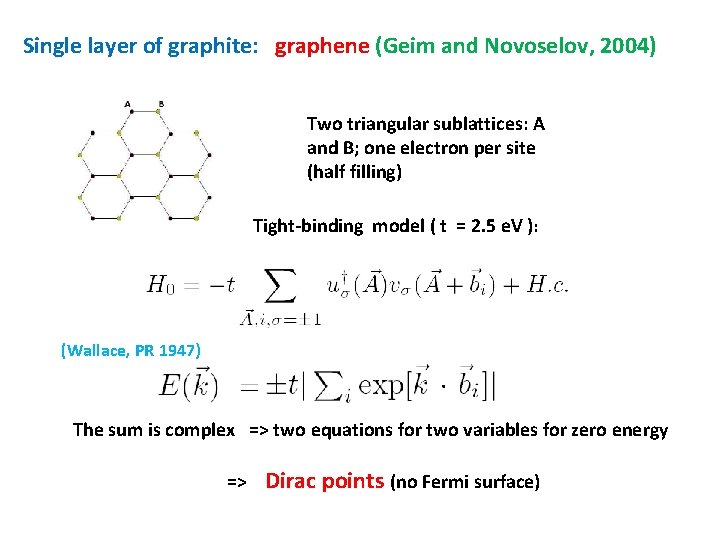 Single layer of graphite: graphene (Geim and Novoselov, 2004) Two triangular sublattices: A and
