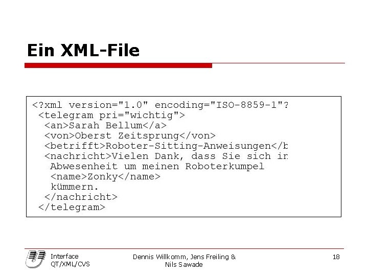 Ein XML-File Interface QT/XML/CVS Dennis Willkomm, Jens Freiling & Nils Sawade 18 