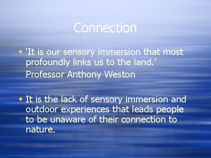 Connection w ‘It is our sensory immersion that most profoundly links us to the