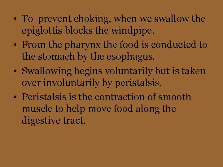  • To prevent choking, when we swallow the epiglottis blocks the windpipe. •