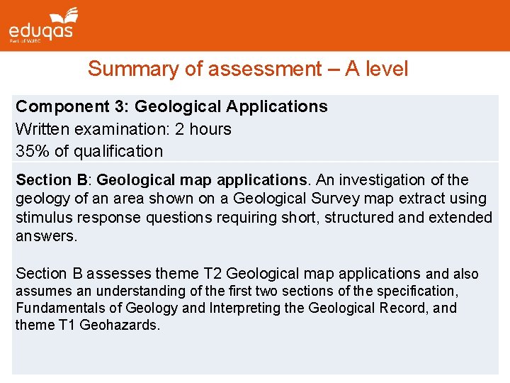 Summary of assessment – A level Component 3: Geological Applications Written examination: 2 hours