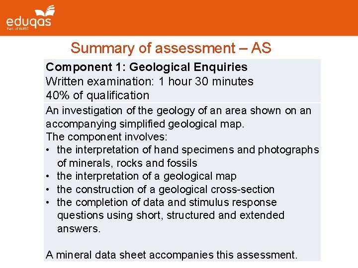 Summary of assessment – AS Component 1: Geological Enquiries Written examination: 1 hour 30