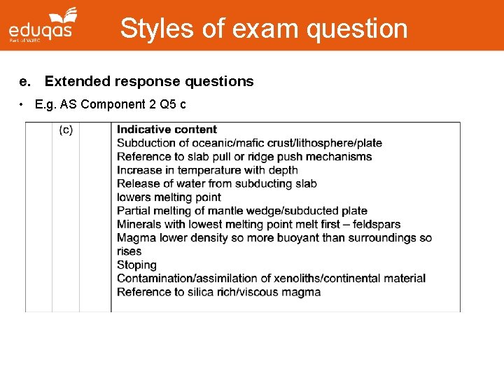 Styles of exam question e. Extended response questions • E. g. AS Component 2