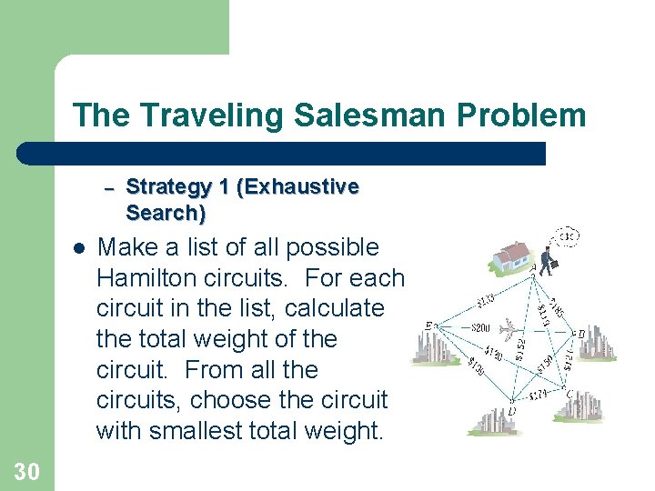 The Traveling Salesman Problem – l 30 Strategy 1 (Exhaustive Search) Make a list