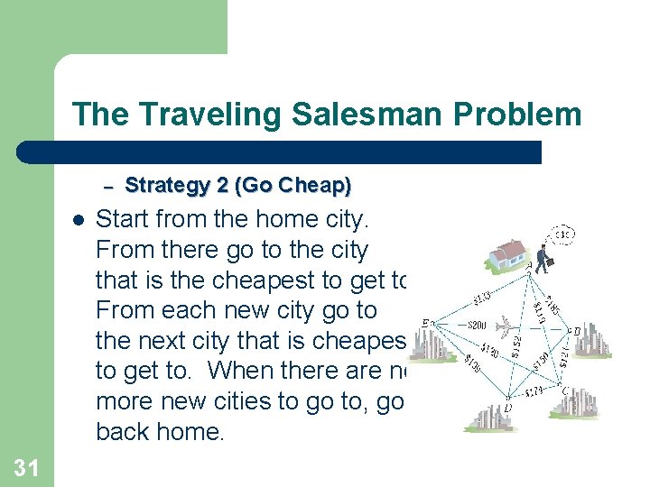 The Traveling Salesman Problem – l 31 Strategy 2 (Go Cheap) Start from the