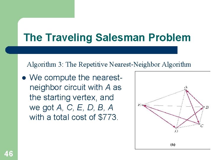 The Traveling Salesman Problem Algorithm 3: The Repetitive Nearest-Neighbor Algorithm l 46 We compute