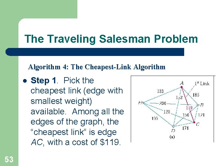 The Traveling Salesman Problem Algorithm 4: The Cheapest-Link Algorithm l 53 Step 1. Pick
