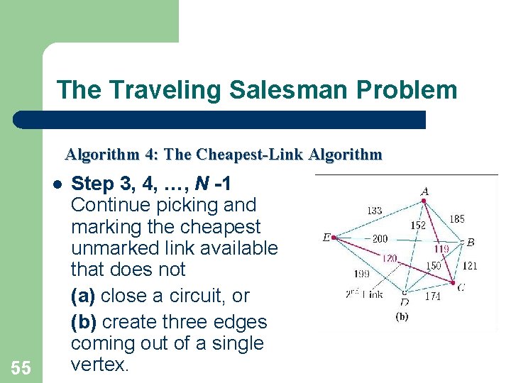 The Traveling Salesman Problem Algorithm 4: The Cheapest-Link Algorithm l 55 Step 3, 4,