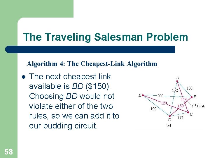 The Traveling Salesman Problem Algorithm 4: The Cheapest-Link Algorithm l 58 The next cheapest