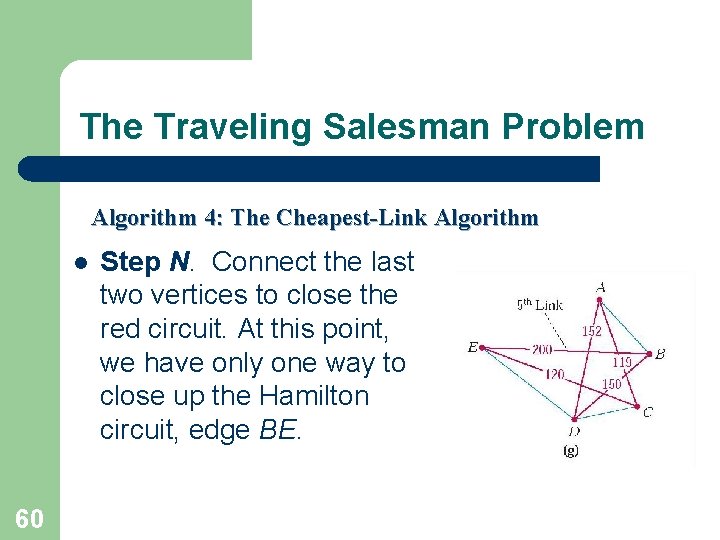 The Traveling Salesman Problem Algorithm 4: The Cheapest-Link Algorithm l 60 Step N. Connect