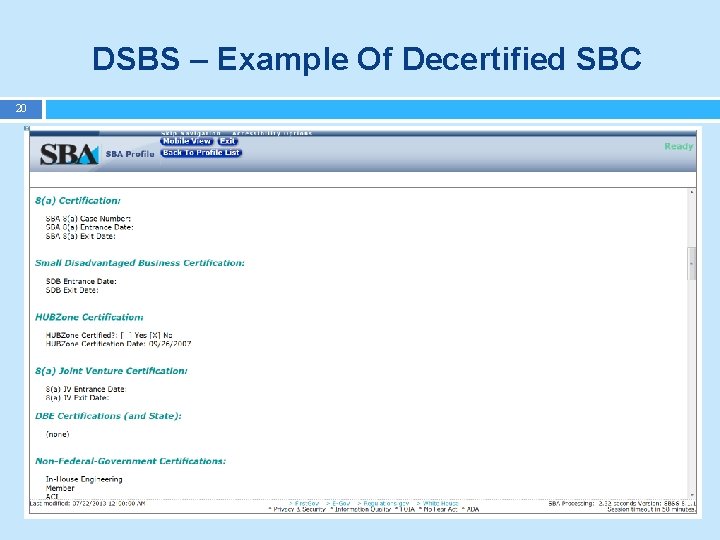 DSBS – Example Of Decertified SBC 20 